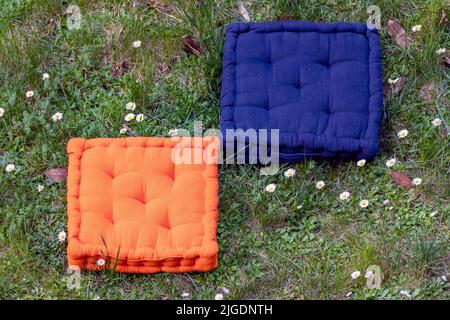 Two square cushions, one orange and the other blue, on a grass lawn with daisies Stock Photo