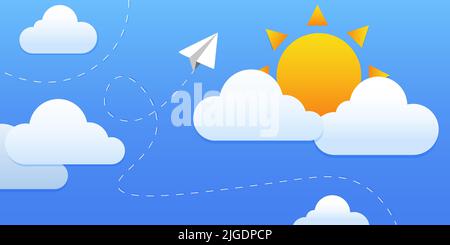 rocket paper plane is flying through the clouds and sun on the sky - start up business concepts vector illustration flat style Stock Vector