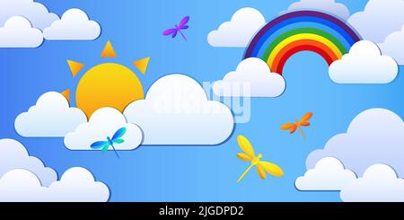 Multicolored rainbow icon, butterflies, sun and clouds on a blue sky background. Vector illustration, cartoon style. Stock Vector