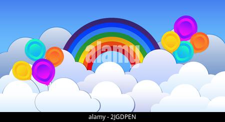 Beautiful fluffy clouds on blue sky background with ballon, hot air balloons and rainbow. Vector illustration. Paper cut style. Place for text Stock Vector