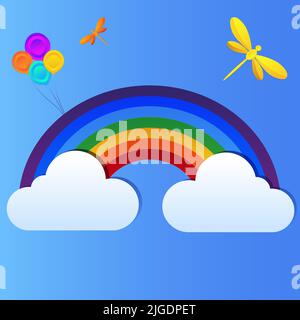 Postcard banner with sky clouds and rainbow, butterfly, and dragonfly and field space for text Stock Vector