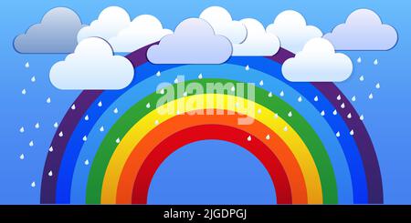Rainbow. Background, with clouds. Gradient mesh, color rainbow, summer or spring blue sky wallpaper. Rainbow color spectrum. Good weather. Dream sign. Stock Vector