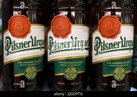 Tyumen, Russia-May 25, 2022: Pilsner urquell is a light beer of low fermentation, produced since 1842 in the city of Pilsen Stock Photo
