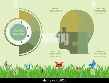 Ecological infographics template vector showing puzzle head of four pieces and labels  in graduated green color ready for your use. Stock Vector