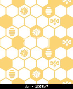 Honeycomb vector seamless pattern. Honey with flowers, hive, bee design. Stock Vector