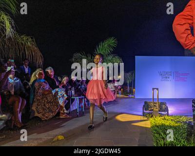 Goma. 9th July, 2022. A model walks on the runway at the 'Femme Fashion Show' held in the city of Goma, northeastern Democratic Republic of the Congo (DRC) on July 9, 2022. The 'Femme Fashion Show' is an annual activity promoting female designers and artists, as well as gender equality. Credit: Zanem Nety Zaidi/Xinhua/Alamy Live News Stock Photo