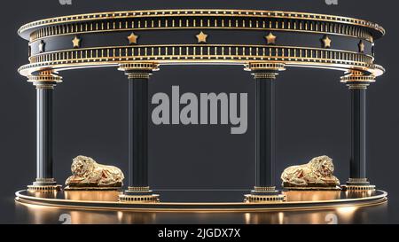 Gold lion, gold and black stars on banner. Center is empty, 2 lion statues next to roman pillars, isolated on dark background. Try your luck at the ca Stock Photo