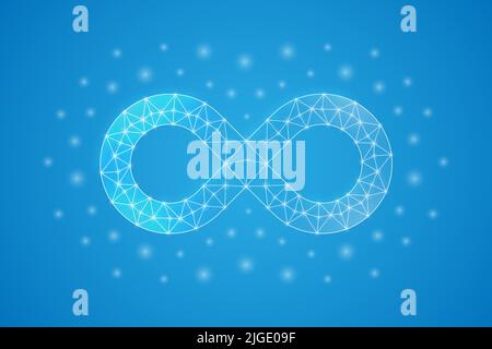 Infinity low poly symbol with white connected dots. 3d geometric polygonal Endlessness. Forever, unlimited design vector illustration. Stock Vector