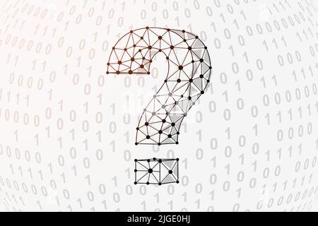 Question mark 3d low poly symbol with binary code background. Help support design vector illustration. FAQ polygonal symbol with connected dots Stock Vector