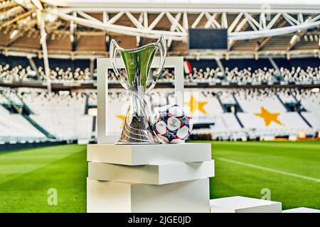 Winner’s trophy and official match ball by Adidas for the knockout stage and final of the UEFA Women’s Champions League 2022 in Juventus Stadium of Turin, Italy.  The first time that an Official Match Ball has been created specifically for the UWCL. Its design is inspired by the mighty peaks of the Piedmont region, commemorating the alps which Turin sits at the foot of Stock Photo