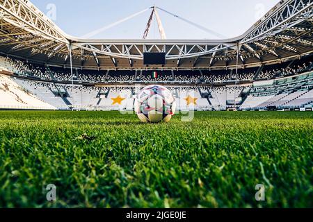 official match ball by Adidas for the knockout stage and final of the UEFA Women’s Champions League 2022 in Juventus Stadium of Turin, Italy.  The first time that an Official Match Ball has been created specifically for the UWCL. Its design is inspired by the mighty peaks of the Piedmont region, commemorating the alps which Turin sits at the foot of Stock Photo