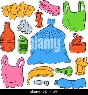 Garbage types set. Plastic, glass, metal, paper, organic waste illustration. Problem globe pollution concept. Unsorted garbage set Stock Vector