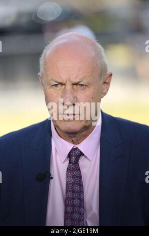 Damian Green MP (Con: Ashford) interviewed on College Gree, Westminster, 7th July 2022 -  the day before Boris John announced he would sep down as Pri Stock Photo
