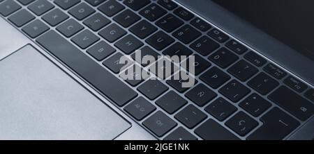 Close up of laptop keyboard. Technology concept with copy space. Internet of things. Stock Photo