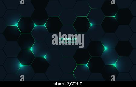 Dark hexagonal technology vector abstract background. Green bright energy flashes under hexagon in modern technology futuristic background vector Stock Vector