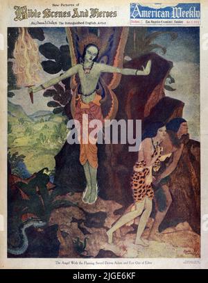 'The Angel with the Flaming Sword drives Adam and Eve out of  Eden' published Oct. 5,1924 in the American Weekly magazine painted by Edmund Dulac. Stock Photo