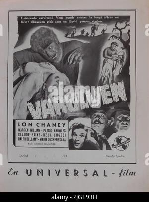 Swedish Pressbook Cover from 1943 for LON CHANEY Jr. EVELYN ANKERS and BELA LUGOSI in THE WOLF MAN 1941  director GEORGE WAGGNER original screenplay Curt Siodmak make-up artist Jack P. Pierce Universal Pictures Stock Photo