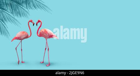 Pink flamingo couple under palm tree on turquoise blue summer background. Stock Photo