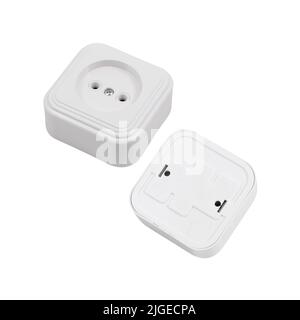 Electric built-in(flat) white socket isolated on a white background. Photo of the outlet front and back. Stock Photo