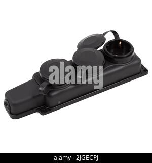 Protected black socket with a cover and grounding isolated on a white background. Stock Photo