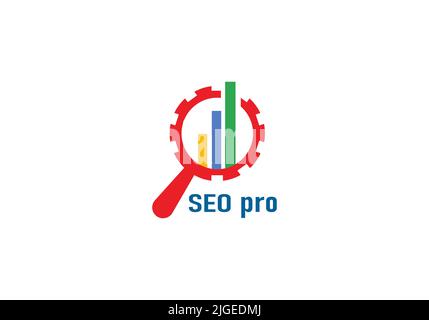 SEO multi color logo with magnifying glass and arrow Stock Vector