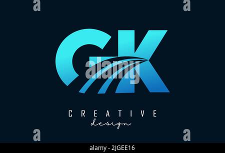 Creative blue letter GK g k logo with leading lines and road concept design. Letters with geometric design. Vector Illustration with letter and cuts. Stock Vector