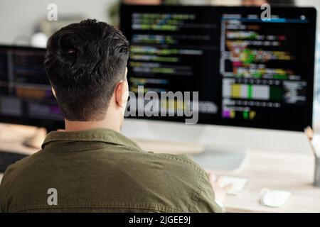 Software developer looking at programming code on computer screen, view from back Stock Photo