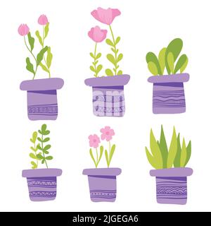 Set of simple Vector houseplants and flowers in pots. Vector flat illustration Stock Vector
