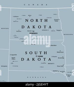 The Dakotas, gray political map. Collective term for the US states of North Dakota and South Dakota, in the Upper Midwest and North Central. Stock Photo