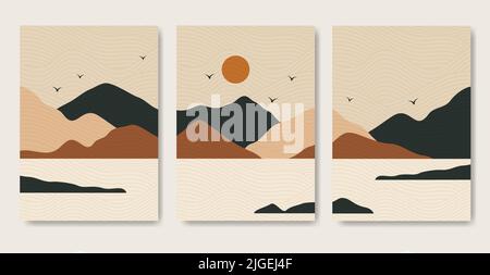 Abstract boho mountain landscape poster set. Modern boho textured background Stock Vector