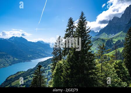 Hiking at Walensee in Switzerland during summer time Stock Photo