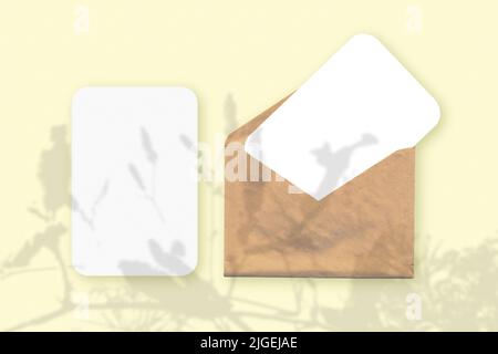 Natural light casts shadows from wildflowers of an envelope with two sheets of textured white paper on yellow background. Mock up with an overlay of Stock Photo