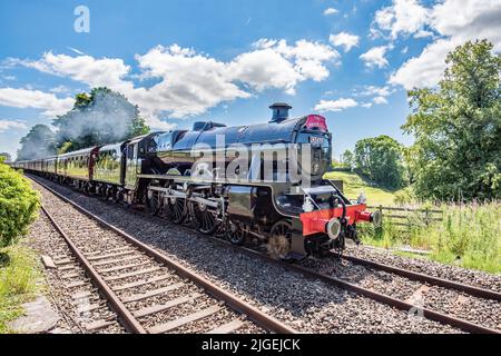 Leander,  BR 45690,  preserved British Steam locomotive, passing through Long Preston on 10th July 2022.........The Waverley, York to Carlisle tour. Stock Photo