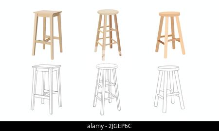 Vector isolated Wooden Stools Set, Vector illustration set of different stools Stock Vector