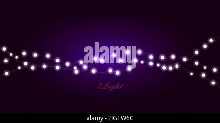 Realistic color vector illustration. Isolated glowing light bulb garland on gradient background. Stock Vector