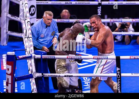 LONDON, UNITED KINGDOM. 09th Jul, 2022. Derek Chisora vs Kubrat Pulev during Chisora vs Fulev - European Heavyweight title rematch at The O2 Arena on Saturday, July 09, 2022 in LONDON UNITED KINGDOM. Credit: Taka G Wu/Alamy Live News Stock Photo