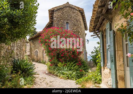 Mirmande is one of the most beautiful villages in France as a village perché and offers a magnificent panorama over the Rhône valley Stock Photo