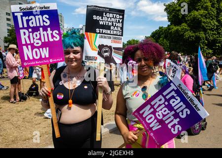 London, UK. 9th July, 2022. Protesters holding placards pose before a London Trans+ Pride march from the Wellington Arch to Soho. London Trans+ Pride is a grassroots protest event which is not affiliated with Pride in London and which focuses on creating a space for the London trans, non-binary, intersex and GNC community to come together to celebrate their identities and to fight for their rights. Credit: Mark Kerrison/Alamy Live News Stock Photo