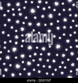 Seamless pattern with with glowing white heart bulbs on dark blue background. Stock Vector