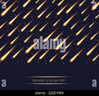 Meteor shower, yellow shooting stars, fire comets, asteroids in the night sky isolated on transparent background. Stock Vector