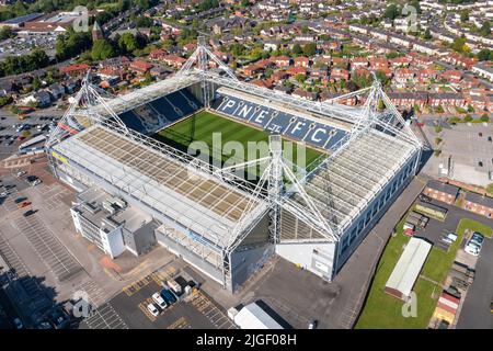 Preston North End Football Club, Deepdale Stadium. Aerial Image. 20th June 2022. Stock Photo