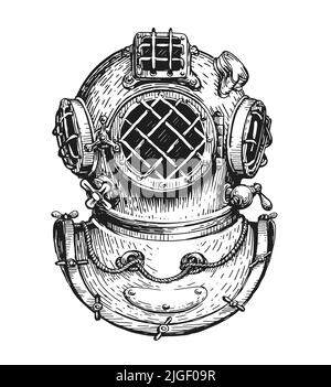 Vintage diver helmet sketch. Sea diving concept. Nautical vector illustration drawn in old engraving style Stock Vector