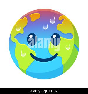 Cartoon Earth with smiling face, red hot and sweating. Global warming and climate crisis vector clip art illustration. Stock Vector