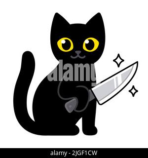 Funny cute cartoon black cat holding a knife. Horror humor vector illustration. Stock Vector