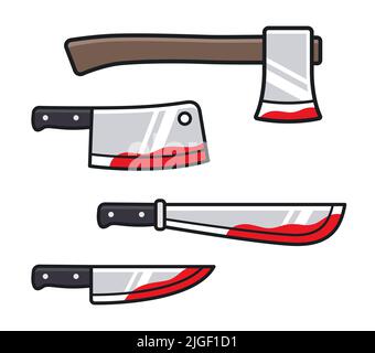 Cartoon bloody cold weapons icon set. Kitchen knife, cleaver, axe, machete. Vector clip art illustration set. Stock Vector