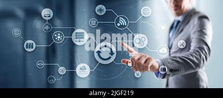 Man clicks on the Update icon. Upgrading concept Stock Photo