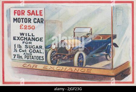 'For sale motor car £250. Will exchange for 1lb sugar, 1/2 cwt coal & 7lbs potatoes': First World War cartoon showing an early motor car in a 'car exchange', with a sign referring to the high cost of living, in particular the prices of food and fuel Stock Photo