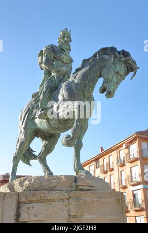 Spanish King Alfonso VIII as an equestrian figure at the Puerta de Sol in Plasencia, Extremadura, Spain Stock Photo