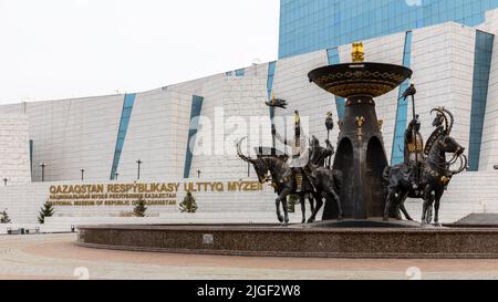 Nur Sultan (Astana), Kazakhstan, 11.11.21. Saka Warriors fountain in front of the National Museum of the Republic of Kazakhstan. Stock Photo