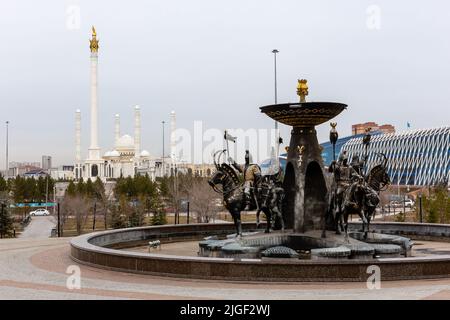 Nur Sultan (Astana), Kazakhstan, 11.11.21. Saka Warriors fountain in front of the National Museum of the Republic of Kazakhstan, Kazakh Eli Monument Stock Photo